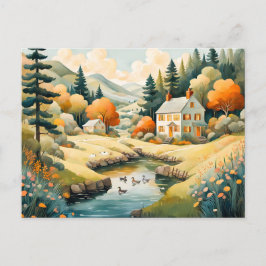 Cartão Postal Autumn House perto do Pond com Patos