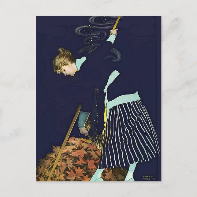 Cartão Postal Autumn Leaves Bonfire por C Coles Phillips (Frente)