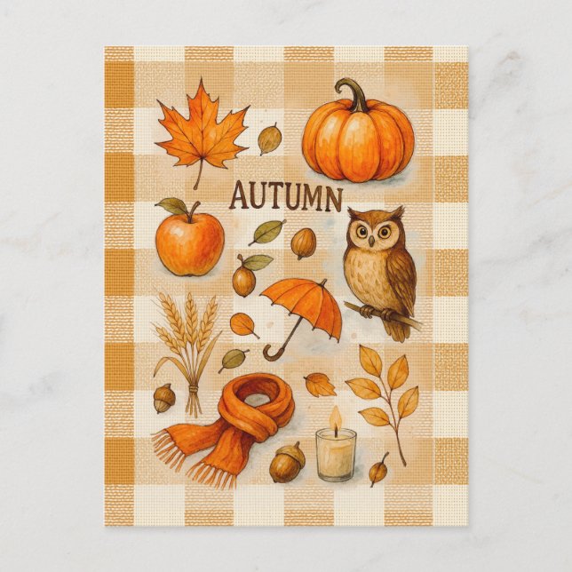 Cartão Postal Autumn Magic Postcard Cozy Fall Owl Pumpkin Leaves (Frente)