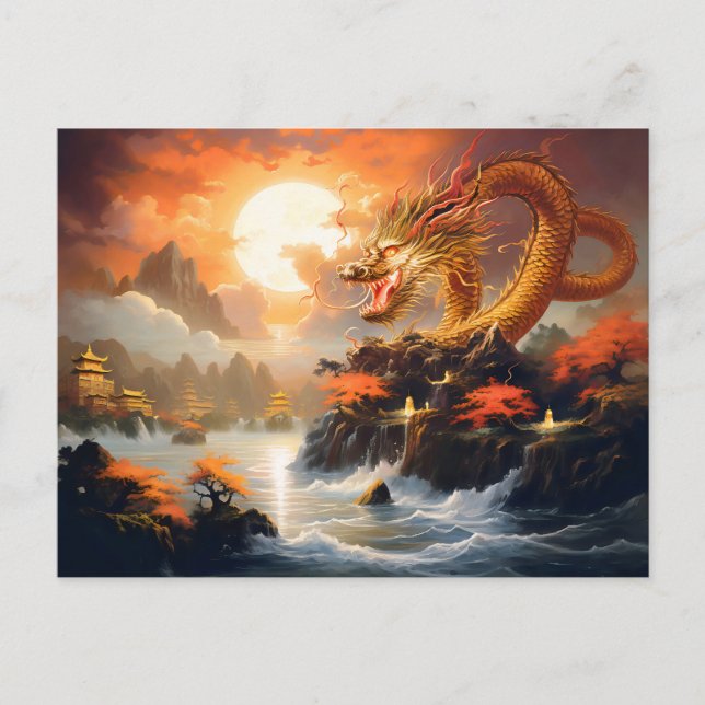 Cartão Postal Autumn Moonrise – Chinese Airbrush Dragon in Gold  (Frente)