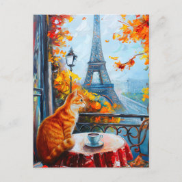 Cartão Postal Autumn Parisiense | Ginger Cat em um café