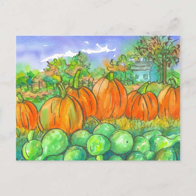 Cartão Postal Autumn Pumpkin Gourds Colheita Watercolor (Frente)