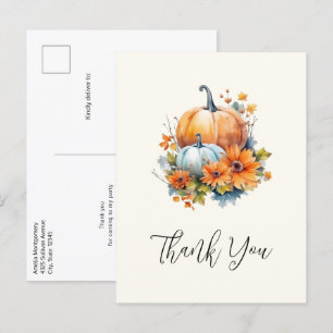 Cartão Postal Autumn Pumpkins com Flores e Folhagem Obrigado