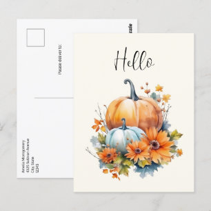 Cartão Postal Autumn Pumpkins com Flores e Folhagem Olá