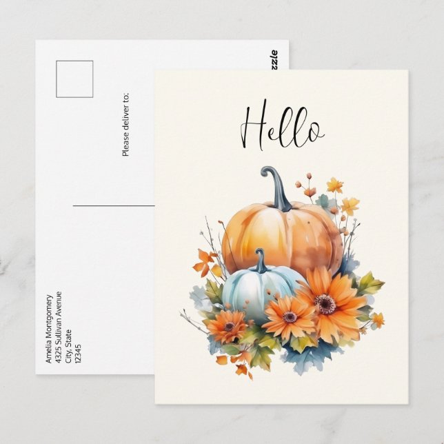 Cartão Postal Autumn Pumpkins com Flores e Folhagem Olá (Frente/Verso)