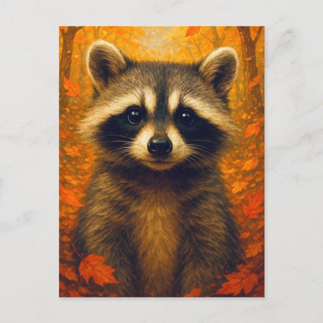 Cartão Postal Autumn Raccoon Postcard Cute Animal  Fall Forest (Frente)