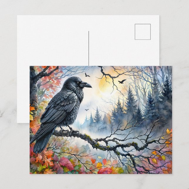 Cartão Postal Autumn Raven Watercolor Art (Frente/Verso)