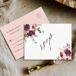Cartão Postal Autumn Romance Watercolor Floral Weding RSVP<br><div class="desc">Este cartão postal rsvp do casamento apresenta buquês de flores de aquarela de dahlias,  rosas de jardim e pedras em vermelho burgundy,  marrom,  rosa pincelado sobre folhas do outono. Para uma personalização mais avançada deste design,  clique no BOTÃO FERRAMENTA DESIGN AZUL. Itens correspondentes também estão disponíveis.</div>