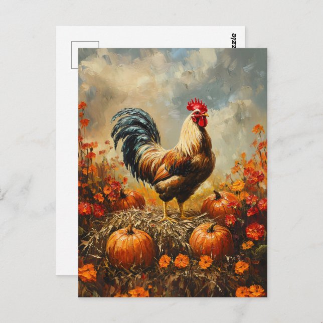 Cartão Postal Autumn Rooster com Pumpkins (Frente/Verso)