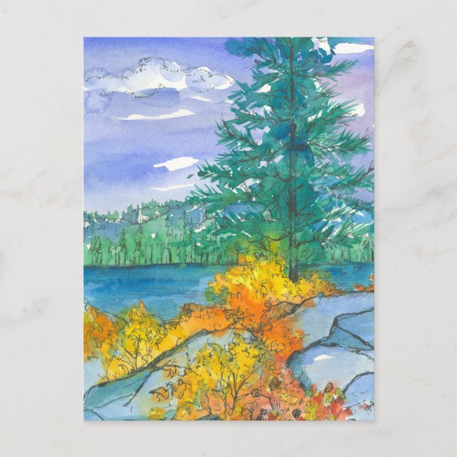 Cartão Postal Autumn Trees Watercolor — Lago Mountain (Frente)