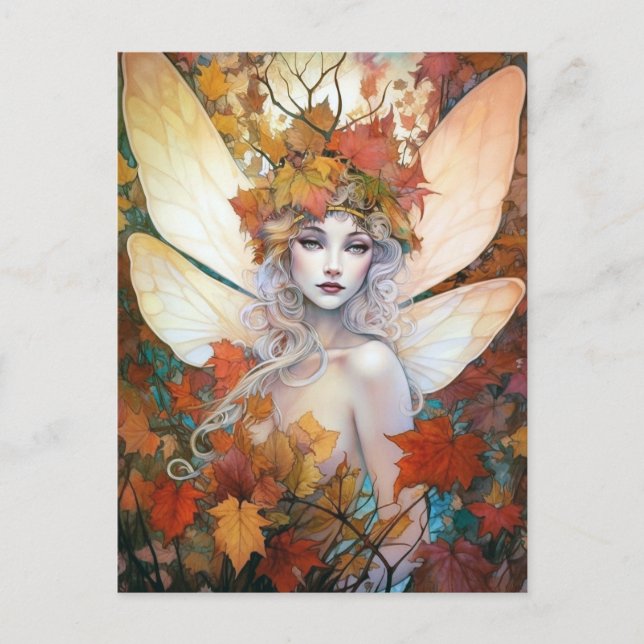 Cartão Postal Autumn Woodland Fairy Fantasy Art (Frente)