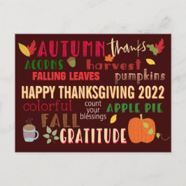 Cartão Postal Autumn WordArt Feliz Ação de Graças 2022 Brown