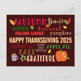 Cartão Postal Autumn WordArt Feliz Ação de Graças 2024 Brown