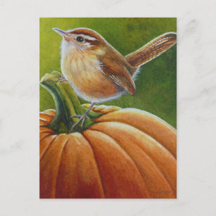 Cartão Postal Autumn Wren Bird em Orange Pumpkin Watercolor Art