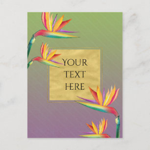 Cartão Postal Ave do Paraíso Dourado Roxo Verde Floral Casamento