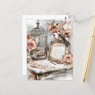 Cartão Postal Ave e Rosas da Gaiola de Aves do Chique de Aquarel