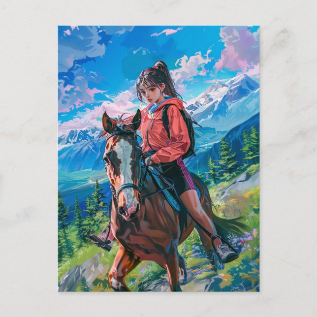 Cartão Postal Aventura de Manga Horseback nos Alpes (Frente)