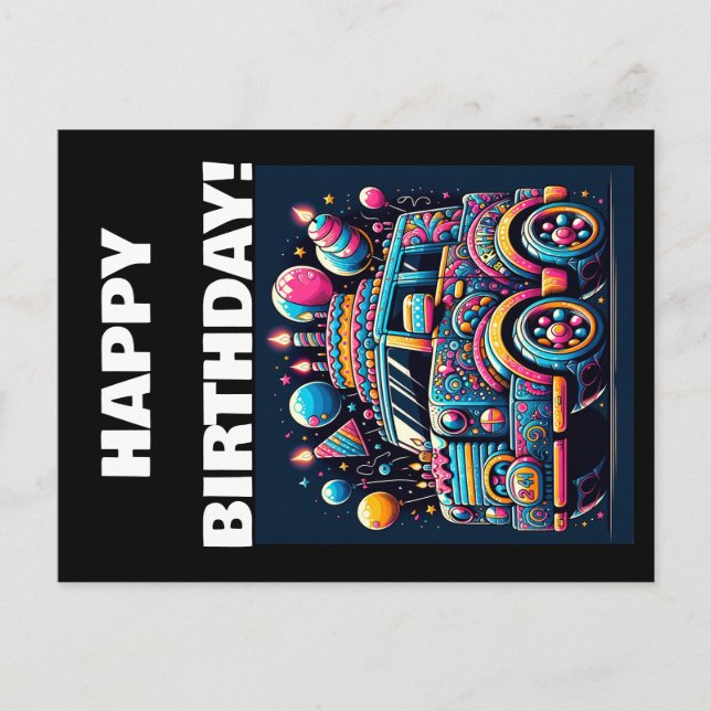 Cartão Postal Aventura de Ônibus de Aniversário (Frente)