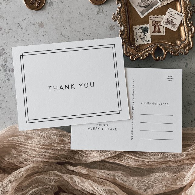 Cartão Postal AVERY Black and White Modern Wedn Obrigado (AVERY Black and White Modern Wedding Thank You Postcard)