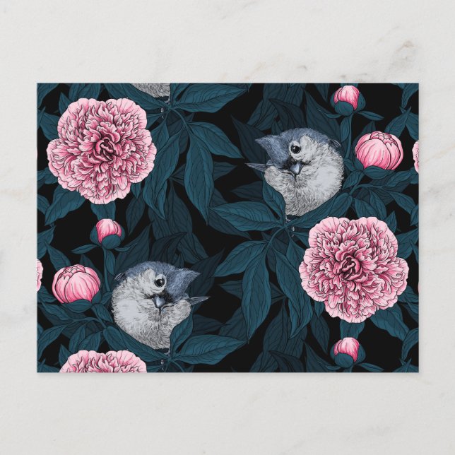 Cartão Postal Aves e flores cor-de-rosa com folhas (Frente)