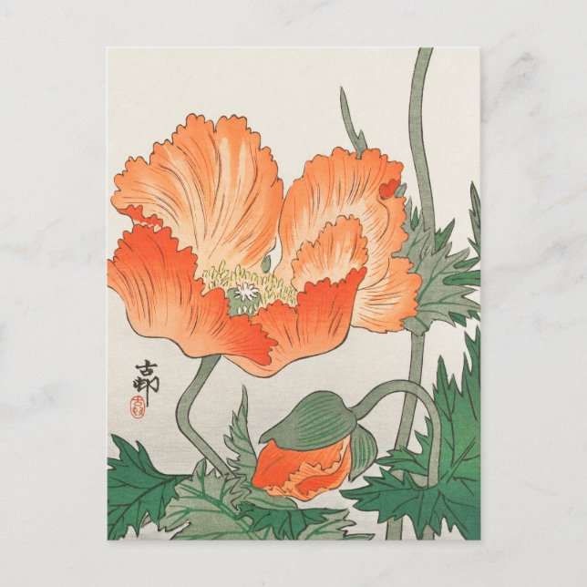 Cartão Postal Aves e Plantas Flores Laranja por Ohara Koson (Frente)