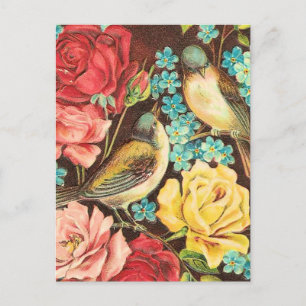 Cartão Postal Aves Vintage com Rosas Rosa e Amarelas