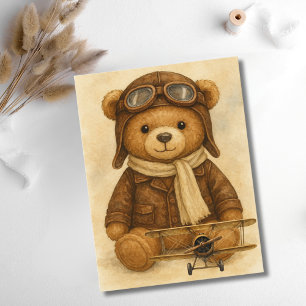 Cartão Postal Avião Antigo Urso Teddy Fofo Aviador Aviação