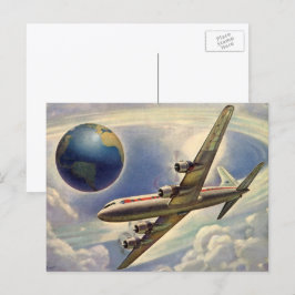 Cartão Postal Avião Antigo Voando ao Redor do Mundo entre Nuvens