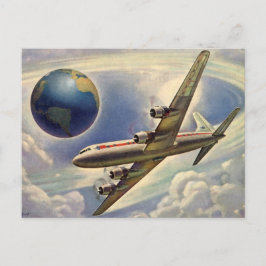 Cartão Postal Avião Antigo Voando ao Redor do Mundo entre Nuvens