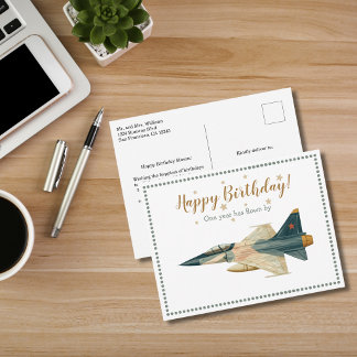 Cartão Postal Avião de combate Time Flies Jato Aniversário de um