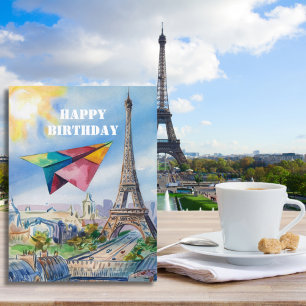 Cartão Postal Avião de Papel Voando em Paris, Colorido, Aquarela