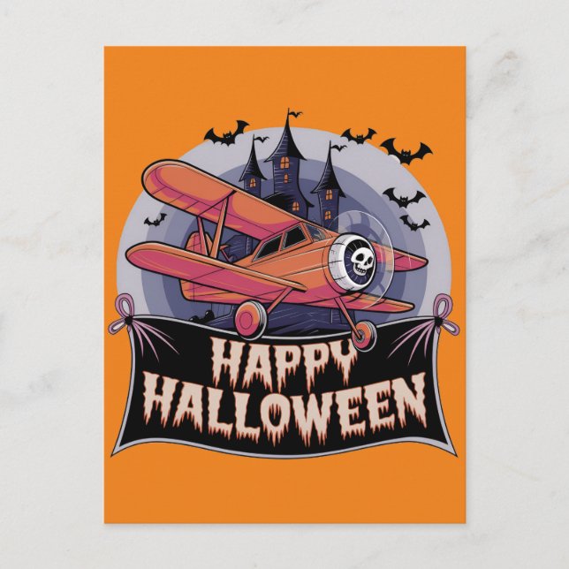 Cartão Postal Avião voando sobre uma faixa de feliz halloween  (Frente)