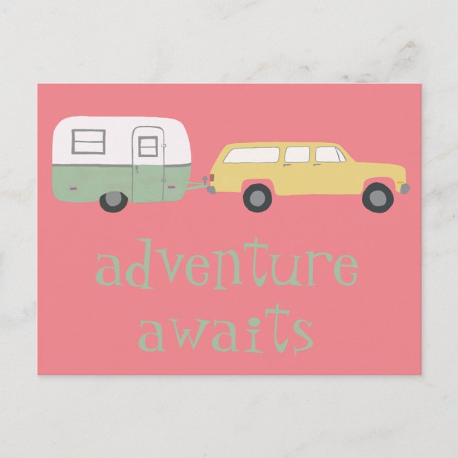 Cartão Postal AVVENTURE AWAITS Camping Trailer RV (Frente)