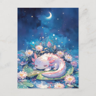 Cartão Postal Axolotl Adormecido Aquarela Lua Crescente