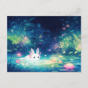 Cartão Postal Axolotl Branco Orelha de Coelho em Lagoa Mágica No