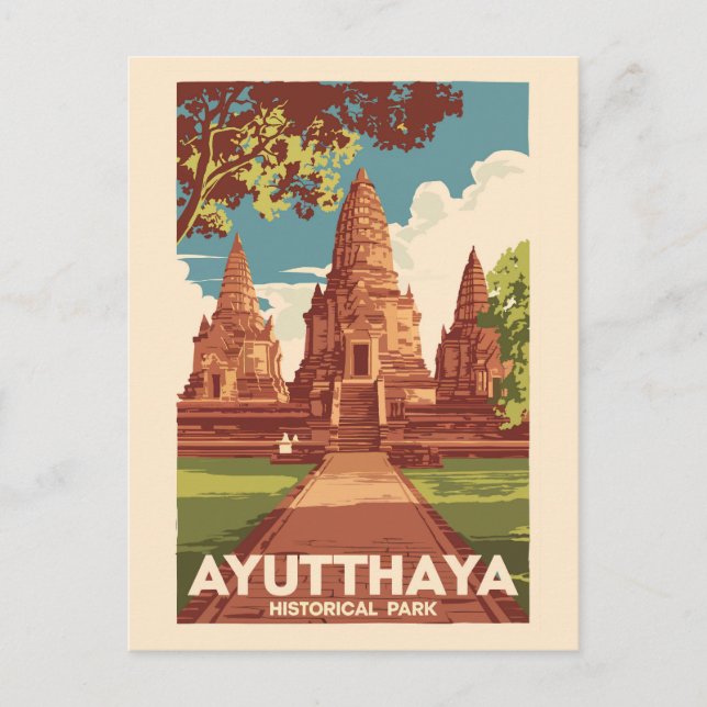 Cartão Postal Ayutthaya Historical Park Illustration Viagem Art (Frente)