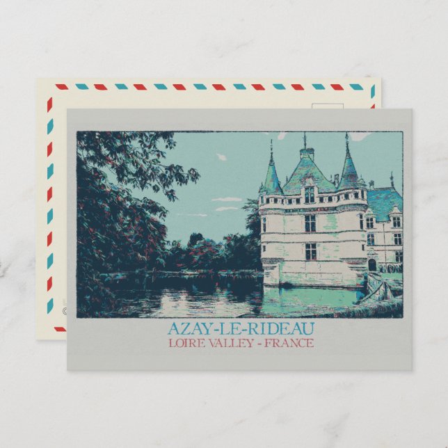 Cartão Postal Azay-le-Rideau castelo no vale do Loire, França (Frente/Verso)