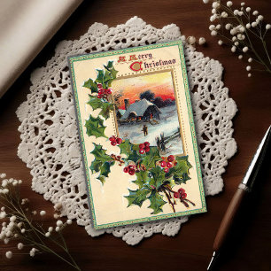 Cartão Postal Azevinho de Natal Vintage 1910