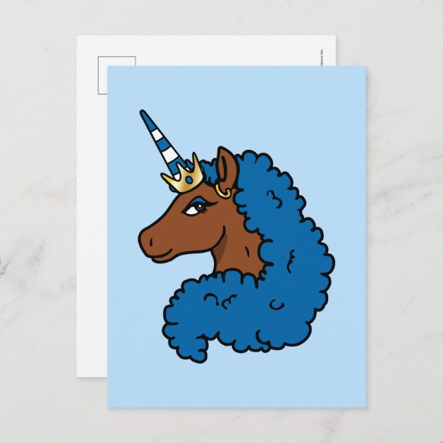 Cartão Postal Azul Afro Unicorn (Frente/Verso)