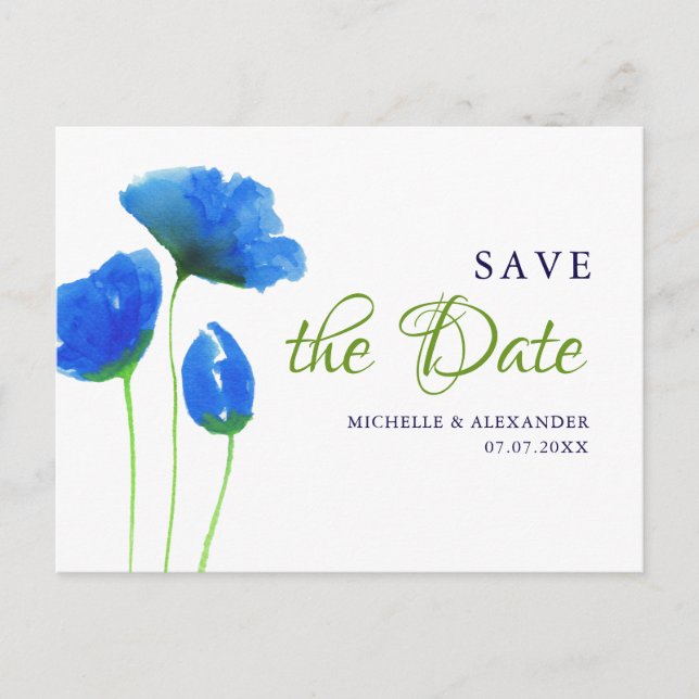 Cartão Postal Azul-aquarela Flores selvagens. Salvar a data (Frente)