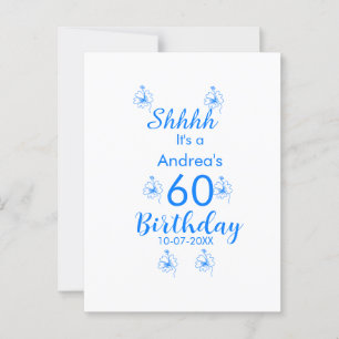 Cartão Postal Azul branco malva shhhh 60º aniversário floral nom