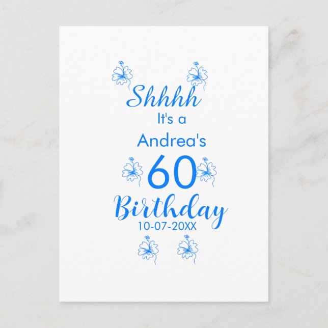 Cartão Postal Azul branco malva shhhh 60º aniversário floral nom (Frente)