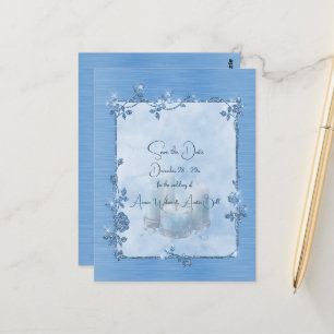 Cartão Postal Azul Brilhante Elegante Espelhado Salve a Data