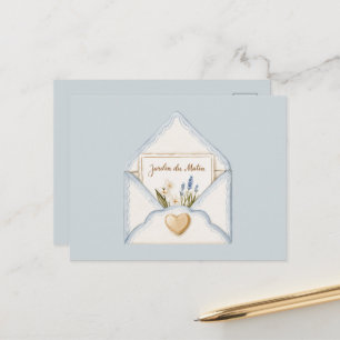 Cartão Postal Azul Claro Francês Envelope Coração Floral Creme