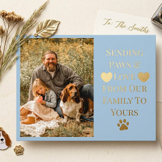 Cartão Postal Azul de Foto Personalizada Família Amante de Cães