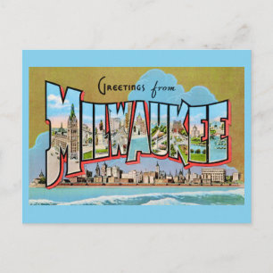 Cartão postal azul de saudação Milwaukee Vintage