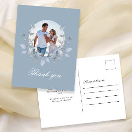 Cartão Postal Azul Desbotado Foto Casamento Agradecimento Floral