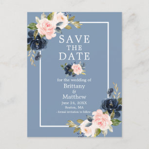 Cartão Postal Azul Dusty Pink Blush Floral Guarde a Data