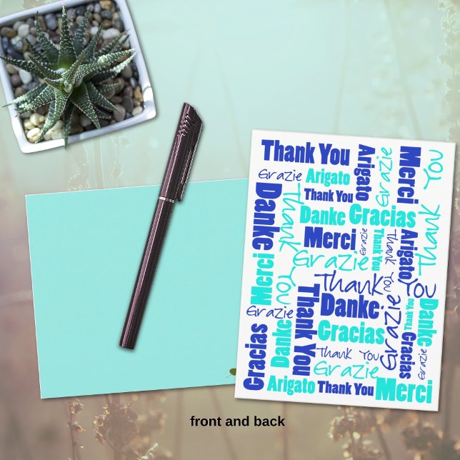 Cartão Postal Azul e Turquesa Multilíngue Obrigado (Front multilingual blue and turquoise thank you typography postcard.)
