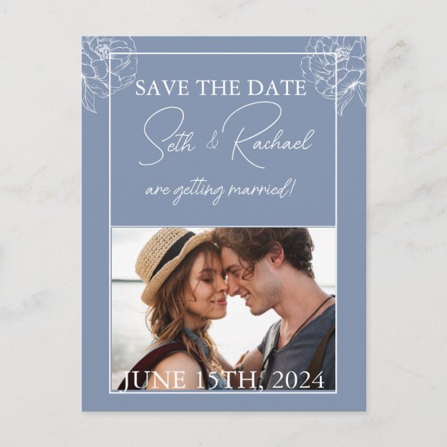 Cartão Postal Azul empoeirado com design floral branco (Frente)